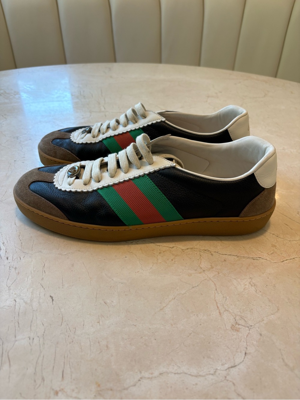 Gucci G74 Black Leather Sneakers with Green & Red Web Stripe